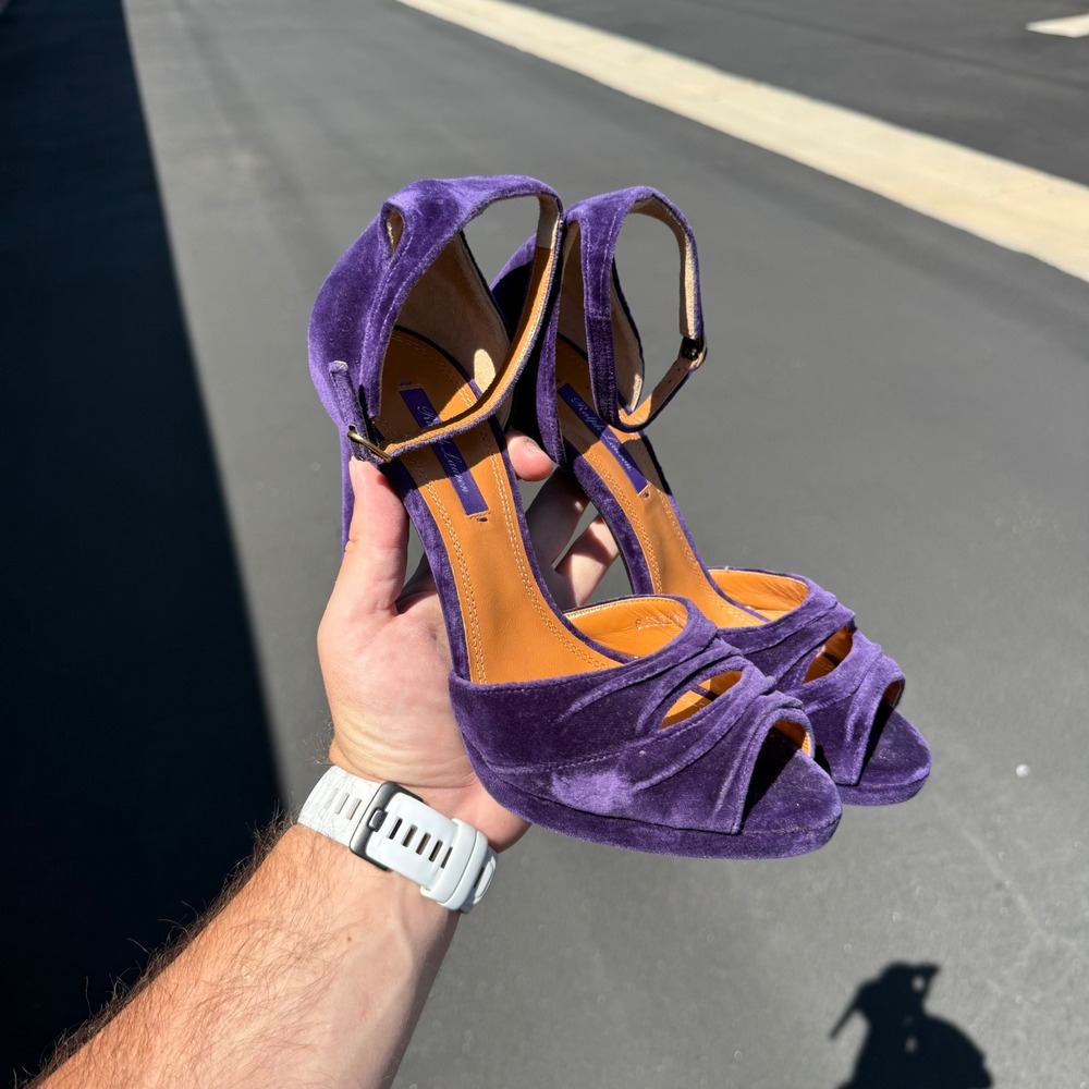Ralph Lauren Collection Purple Velvet Platform Sandals Ankle Strap Heels 40B‎